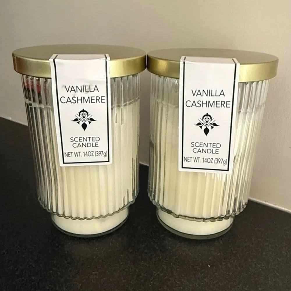Set of 2 Vanilla Cashmere Ribbed Glass Candles 14 oz Each